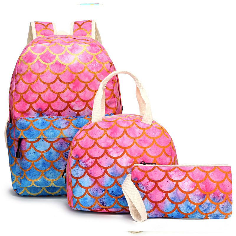  Mermaid School Bag With Lunch Tote Bag and Pencil Case 3pcs