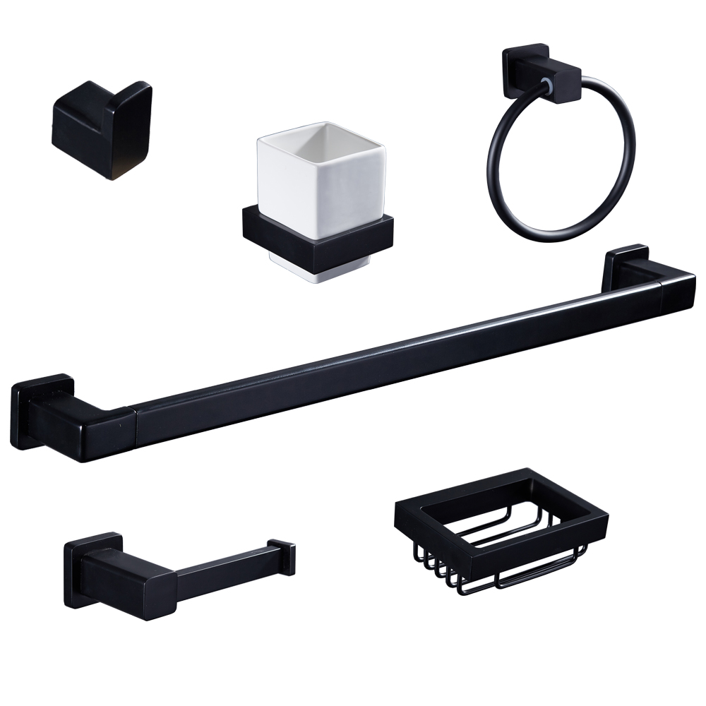 Bathroom luxury accessories hotel black aluminum 6 sets modern bathroom accessories 15400