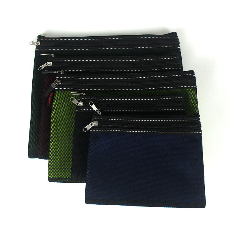 Waterproof translucent mesh grid double layer zipper file bags 3 colors available invoice pouches bill bag pencil pouch pen case