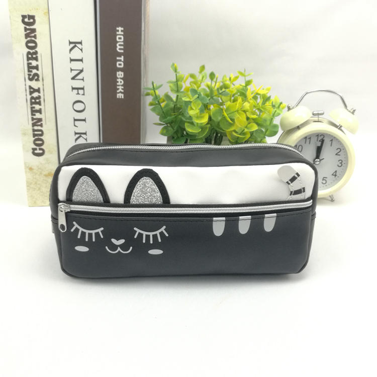 Lovely cartoon  katty design 1 front zipper pocket PU leather pencil pouch organizer case handbag with zipper closure cosmetic bag for all ages for business office school daily use for men women China OEM factory