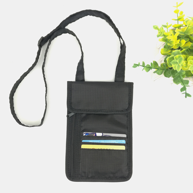 Multi-compartments polyester passport holder hook loop closure side zipper pocket adjustable strap card slots for business school office daily use for men women