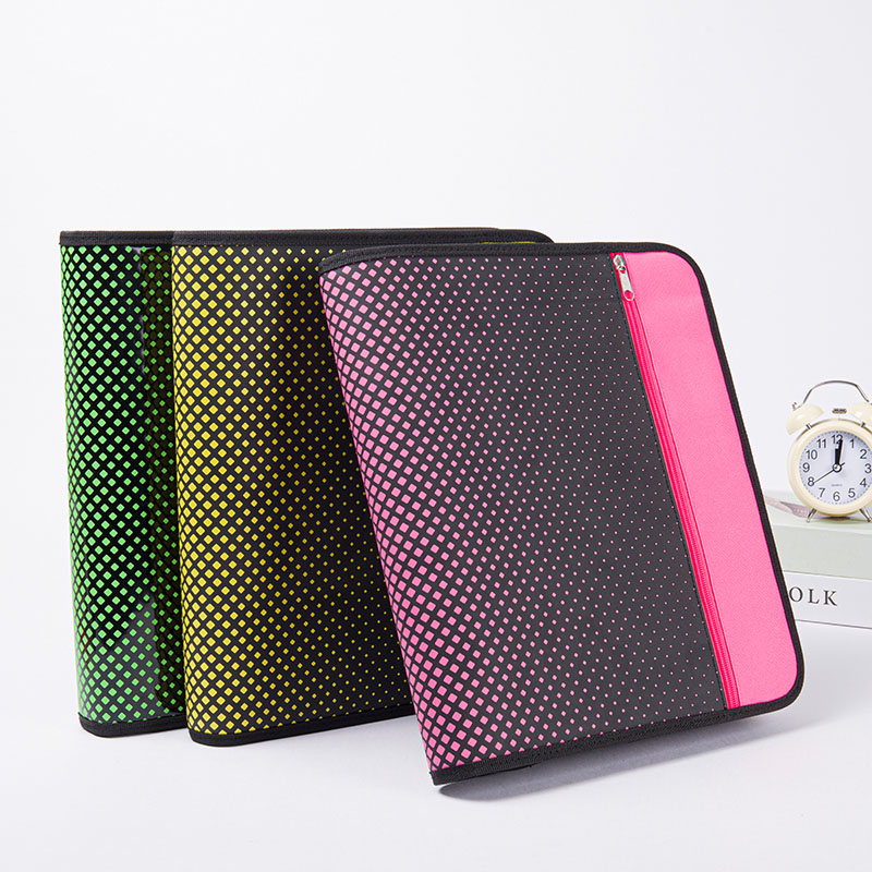 Holographic dot printing leather&polyester expanding 3 colors available with zipper closure with exterior zipper pocket with 3 round ring binder with interior grid pocket zipper binder pouch China OEM factory supplies