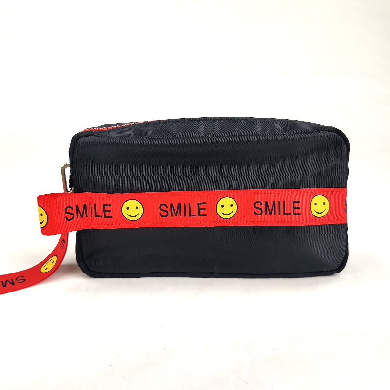 Lovely smiling face pencil pouch pen case with logo key ring stripe loop with zipper closure cosmetic bag handbag for all ages China OEM factory