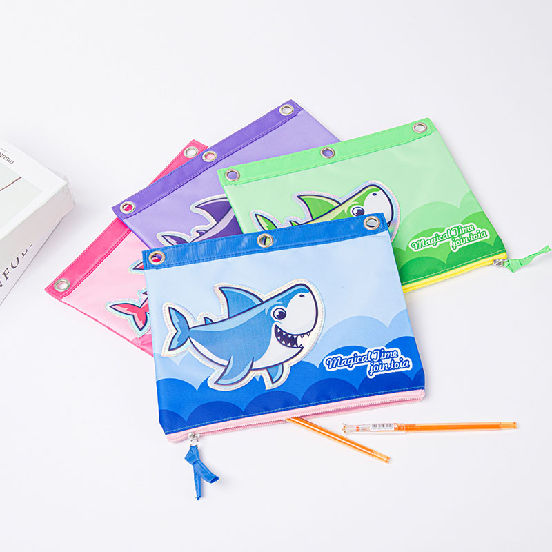 Cute shark printing leather&polyester with zipper closure with 3-round rings 4 colors available binder pouch pencil bag great gift