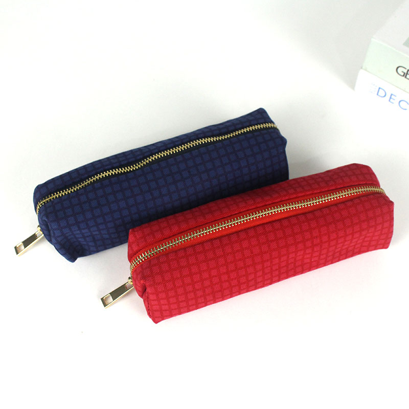 Durable simple grid printing canvas 4 colors available cosmetic bag large capacity pencil pouch pen case China OEM factory supply