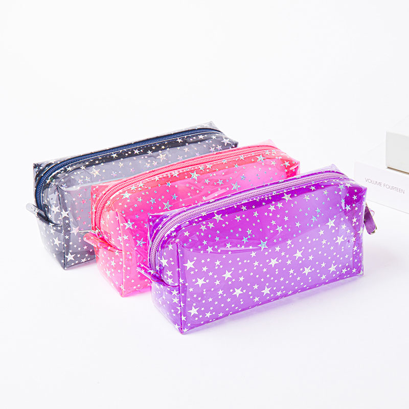 Translucent glitter twinkle little stars printing PVC 3 colors available with zipper closure toiletry organizer great gift pencil pouch pen case China OEM factory supply