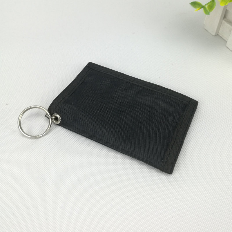 Black thin lightweight portable polyester card holder business card bag fold organizer with transparent card slot with zipper pocket with magic tape closure with key round ring for business office school for men women