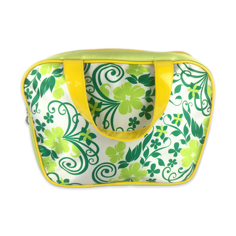 Portable green flower pattern printing polyester cosmetic bag makeup case with zipper closure with inner mesh pocket with handle large storage bag children toys sterilization bag for kids adults for daily use