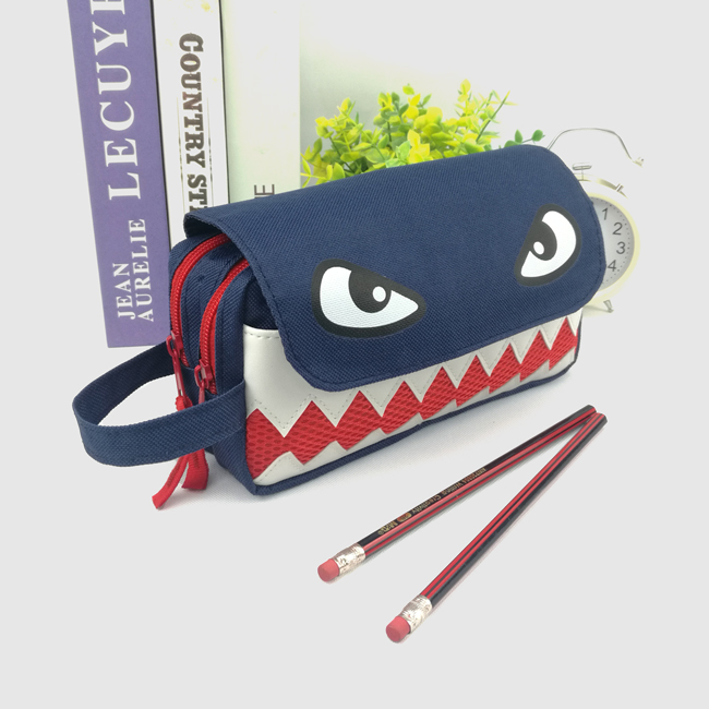 Monster Cartoon polyester/PU leather blue flap sleeve pencil pouch pen case with dual zipper closure handle large capacity great gift for kids teens students adults for business office school stationery supplies daily use China OEM factory