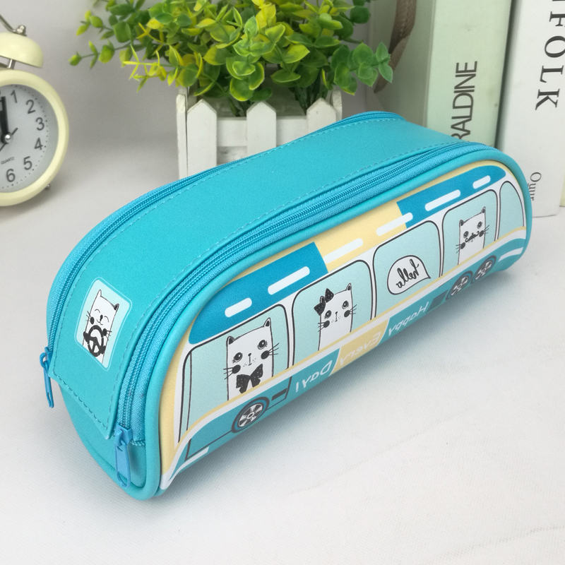 Funny cartoon live simulated bus PU leather pencil pouch pen case 3 colors with dual-zippers with inner mesh grid side pocket roomy capacity great gift for kids teens friends China OEM factory