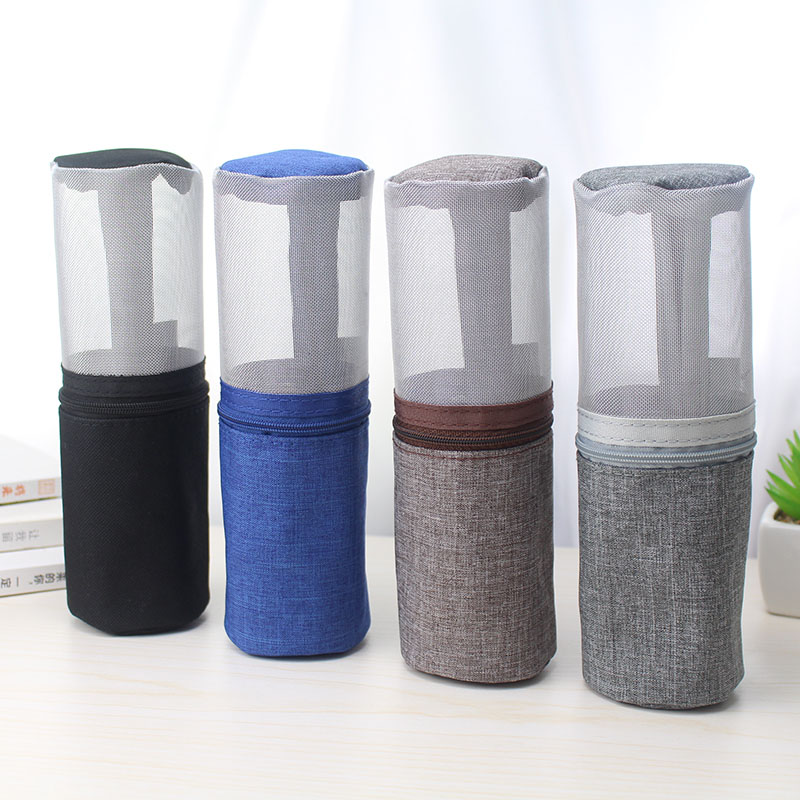  Cylinder shape transparent micro-mesh panel flat bottom stand-up polyester pencil pouch with wraparound zipper closure large capacity great gift for kids teens students adults for business office school stationery supplies daily use China OEM factory