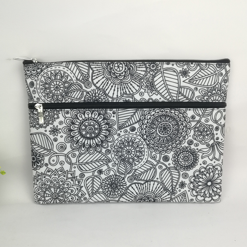 DIY zipper bag 2 pencil pouchs 2 zippers top cosmetic bag flower pattern waterproof
