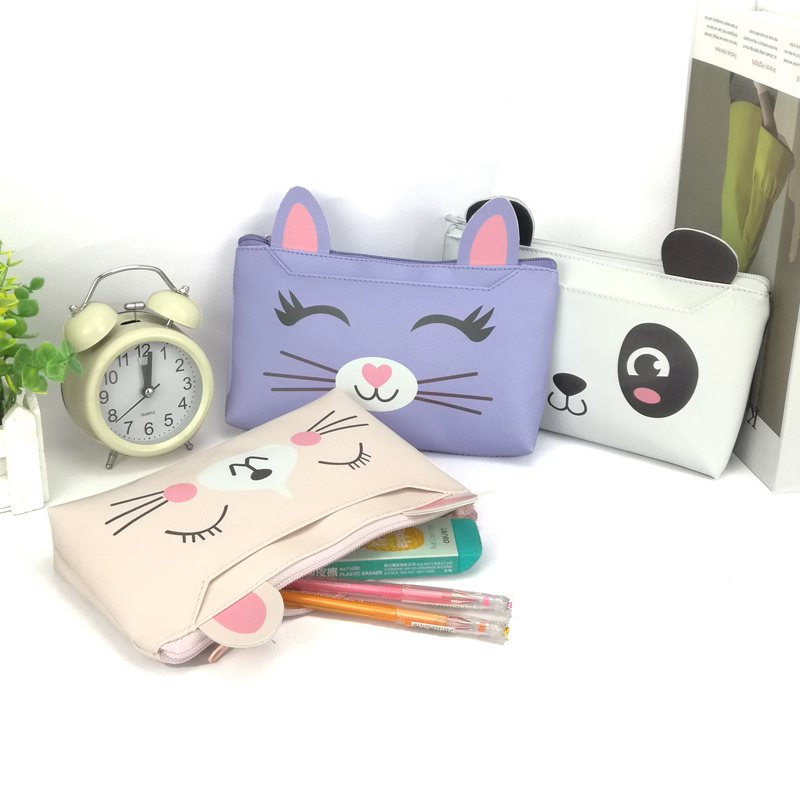 Adorable cartoon live simulated animal face with 3D ears PU leather pencil pouch pen case 2 holders 3 colors with zipper closure large capacity awesome gift for kids teens friends China OEM factory
