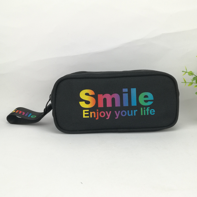 Lovely full holographic letter printing polyester pencil pouch pen case with wristlet handle large capacity cosmetic makeup bag for school supplies for all ages China OEM factory