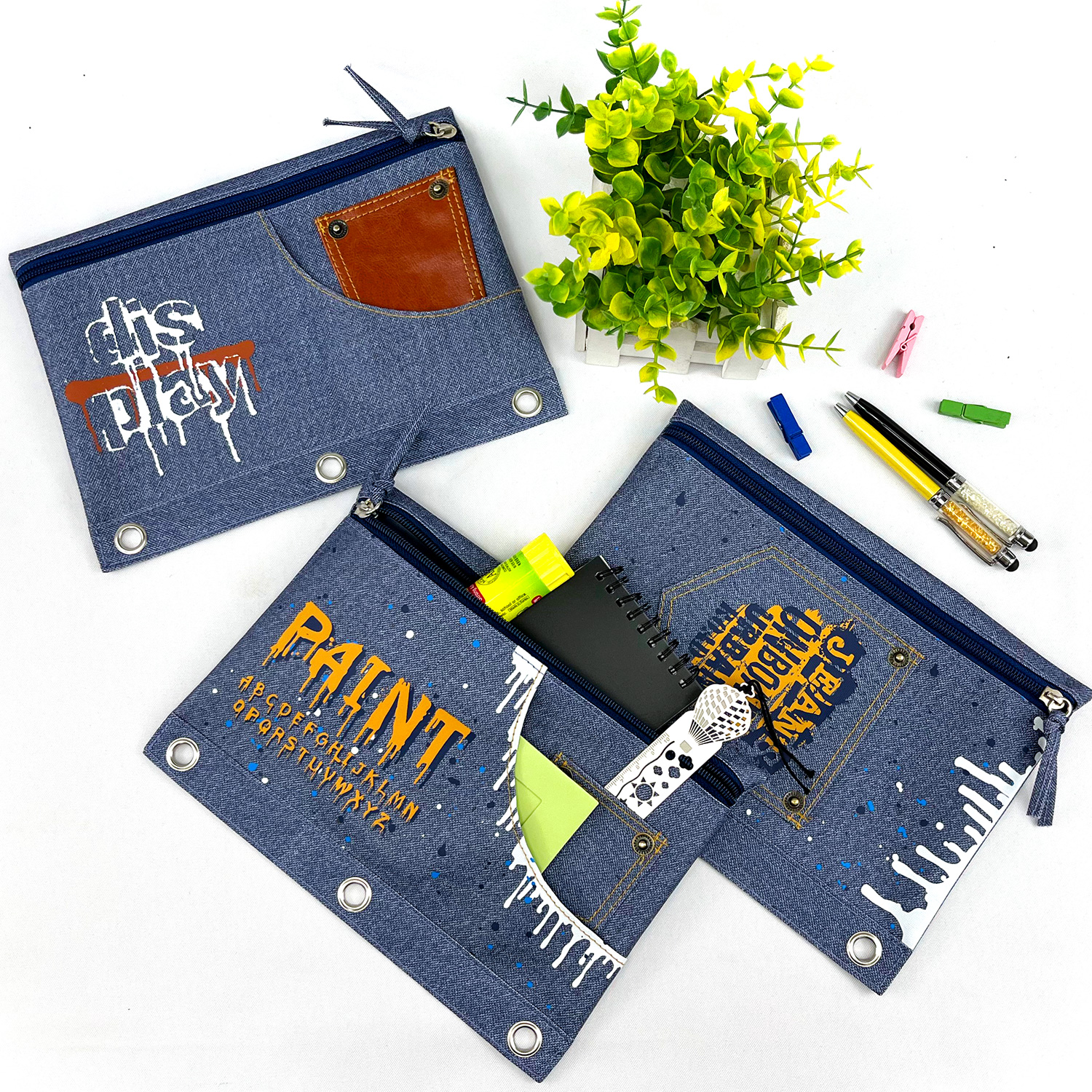 Graffiti painting blue denim polyester binder pouch pencil bag with double pocket with zipper closure with 3-round rings 3 colors available great gift for kids teens adults for school office daily use