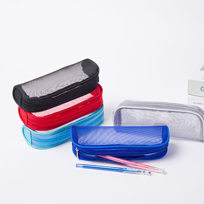 Clear translucent mesh grid polyester cosmetic bag with zipper closure 5 colors available big capacity pencil pouch pen case China OEM factory supply