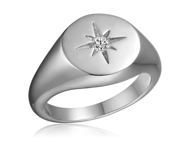 Stelring Silver Moissanite Starburst Signet Ring for Women/Girls