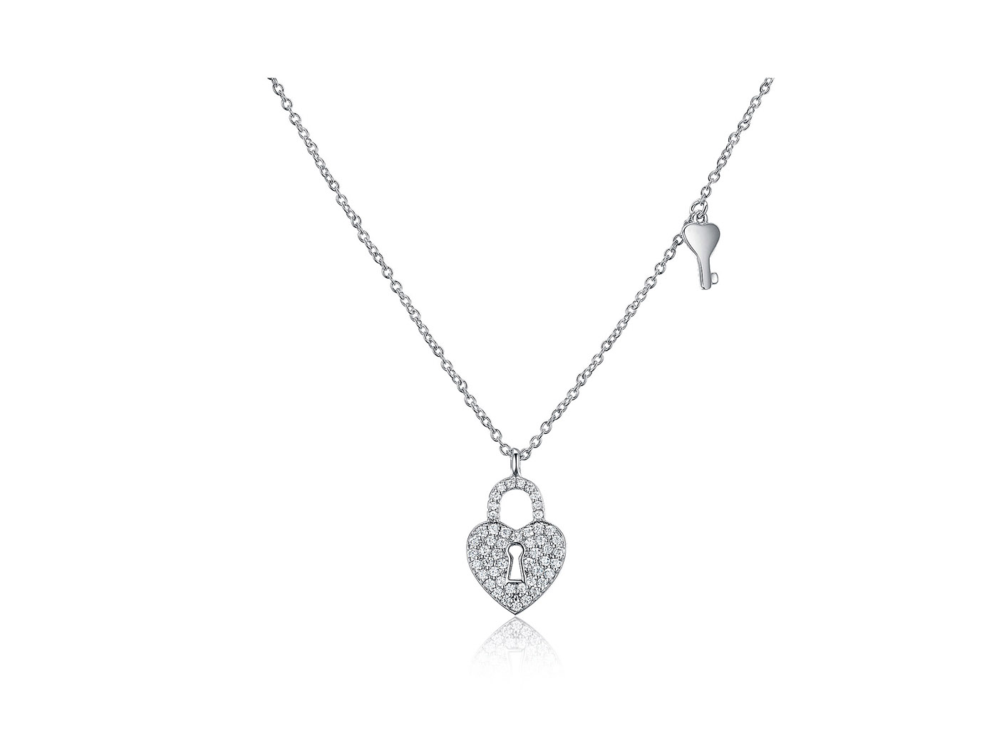 Key and Heart Lock CZ Pendant Necklace in Sterling Silver