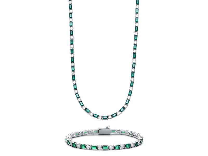  Green Emerald & White Cubic Zirconia Tennis Bracelet & Necklace Set