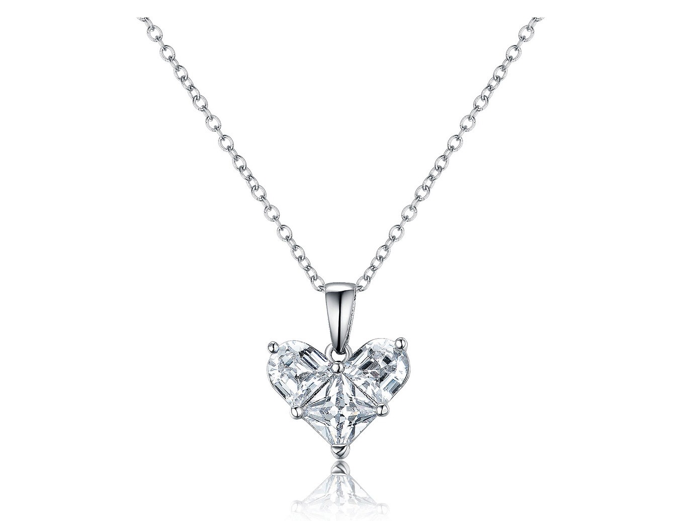 925 Sterling Silver Three Stones Princess Cut Claw Setting Cubic Zircona Heart Pendant Necklace