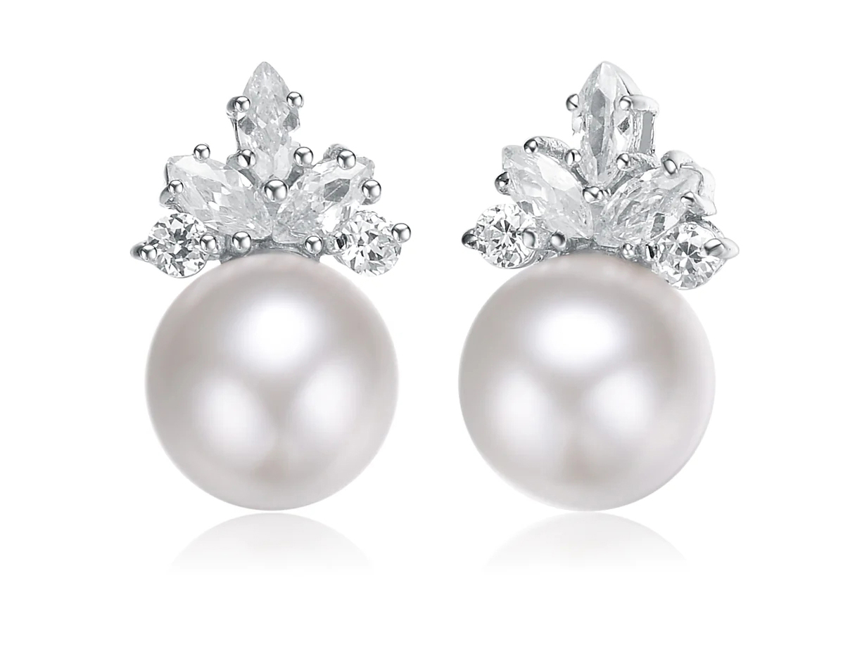 Eshine Cubic Zirconia Sterling Silver White Gold Plated Pearl Marquise Earrings