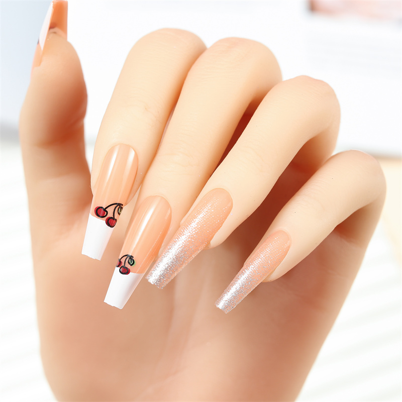 French Long Fake Nails With Cherry Pattern