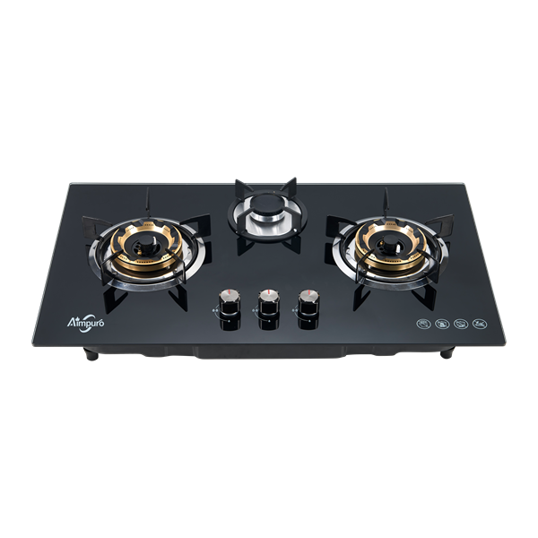 Home Appliance Tempered Glass 3 Burner big power with brass burner caps Built In Gas Hob