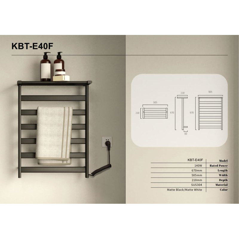 KBT-E40-3 High Quality SUS 304 Stainless Steel Round Tube With Shelf Heated towel rail