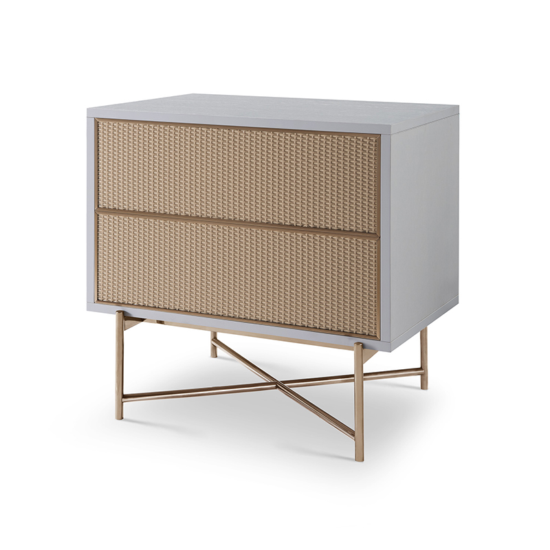 Push and Open Bedside Chest of Drawers Wooden Metal Home Bedroom Furniture Manufacturer China Customized Supplier High End Contemporary Luxury Laminate MDF Rattan Weaved Stainless Steel Frame