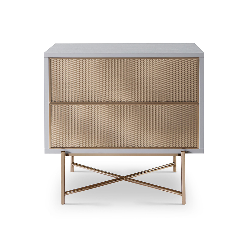 Push and Open Bedside Chest of Drawers Wooden Metal Home Bedroom Furniture Manufacturer China Customized Supplier High End Contemporary Luxury Laminate MDF Rattan Weaved Stainless Steel Frame