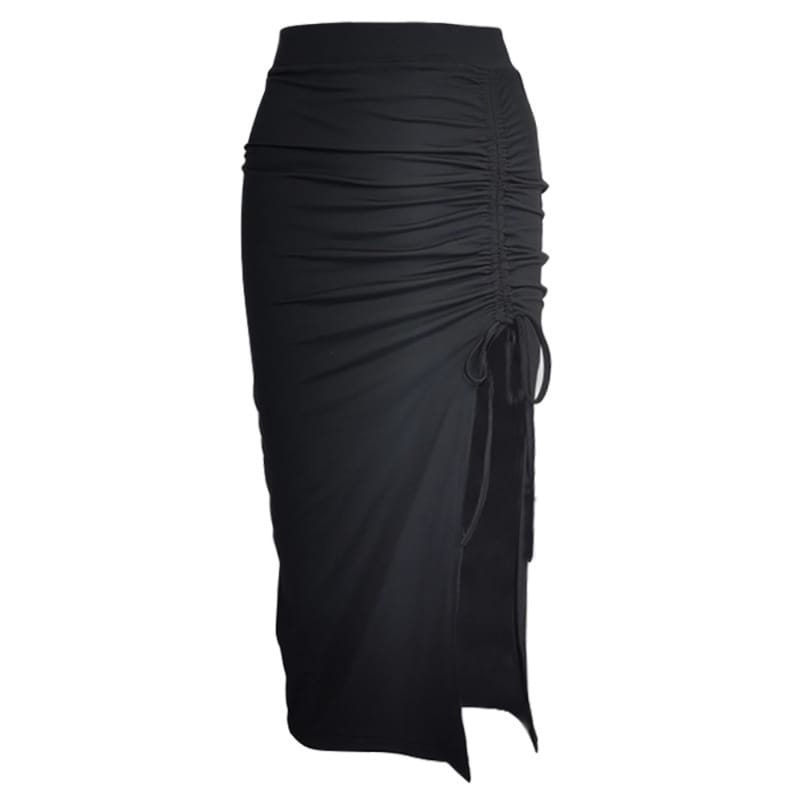 Women's Ruched Drawstring Split Summer Midi Skirt