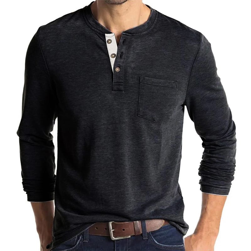 Mens Casual Soft Long Sleeve Pocket Henley T-Shirt