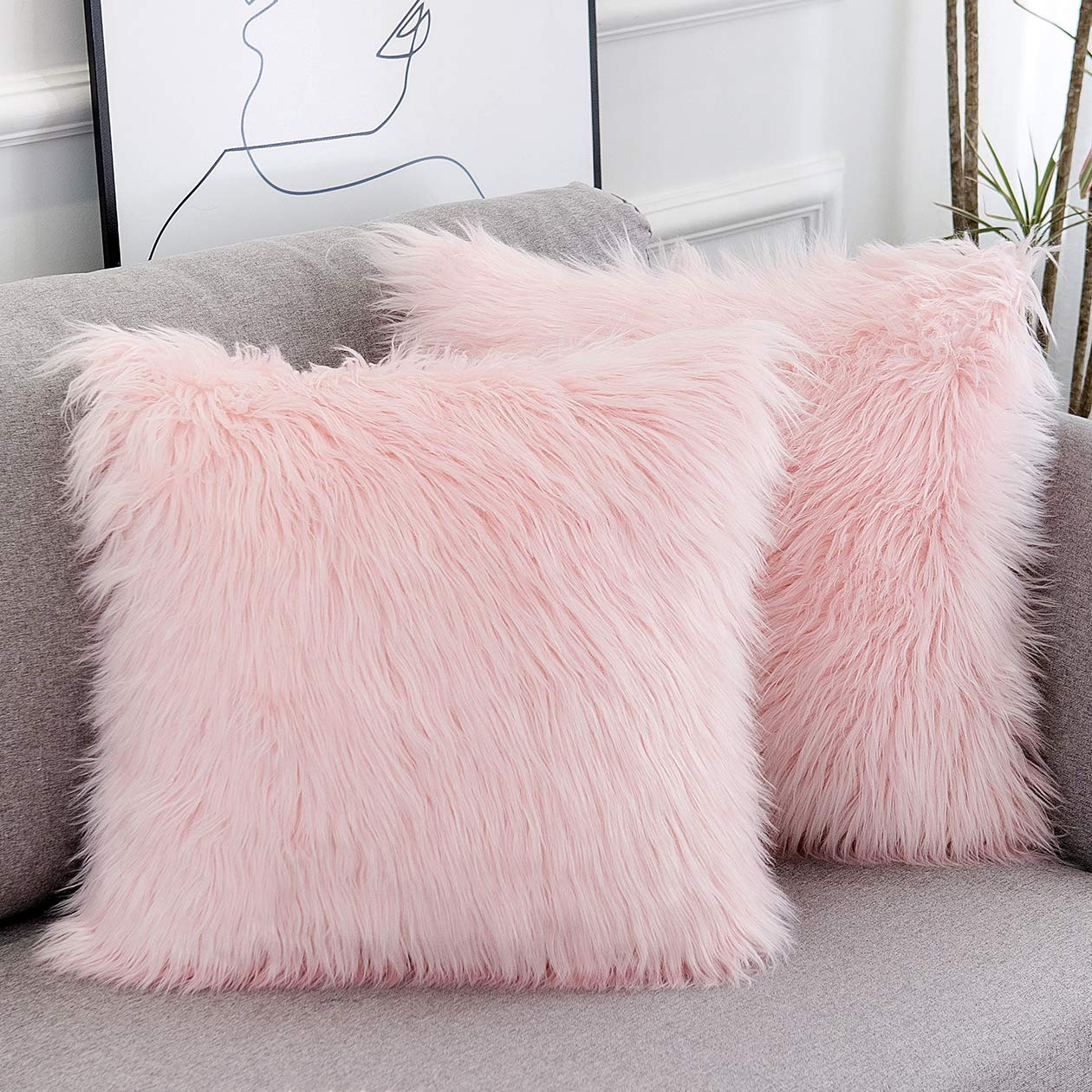 Pink Fluffy Pillow Covers Faux Fur Merino Style Square Fuzzy Decor Cushion Case