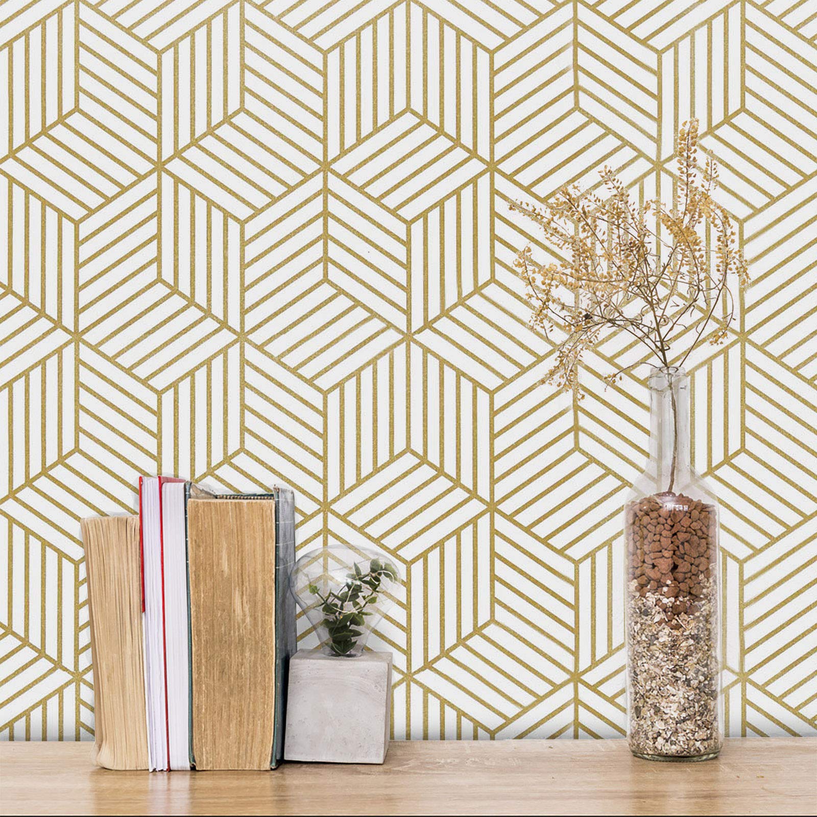 Gold and White Geometric Wallpaper Peel and Stick Hexagon Removable Self Adhesive Decor