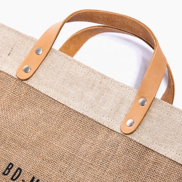 Hot sale shopping jute bag with leather handle