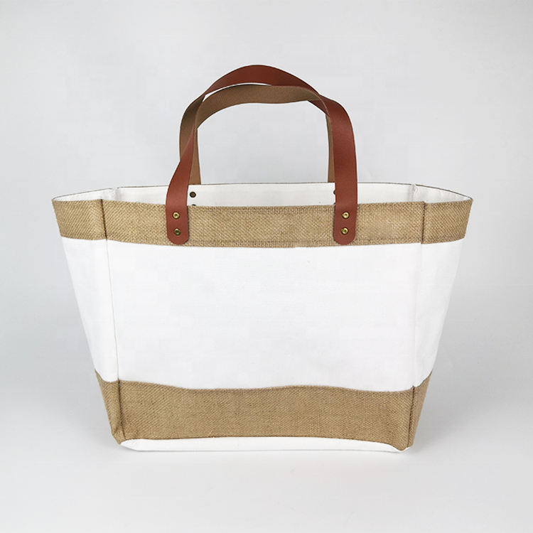 Embroidery craft jute tote bag with leather handle
