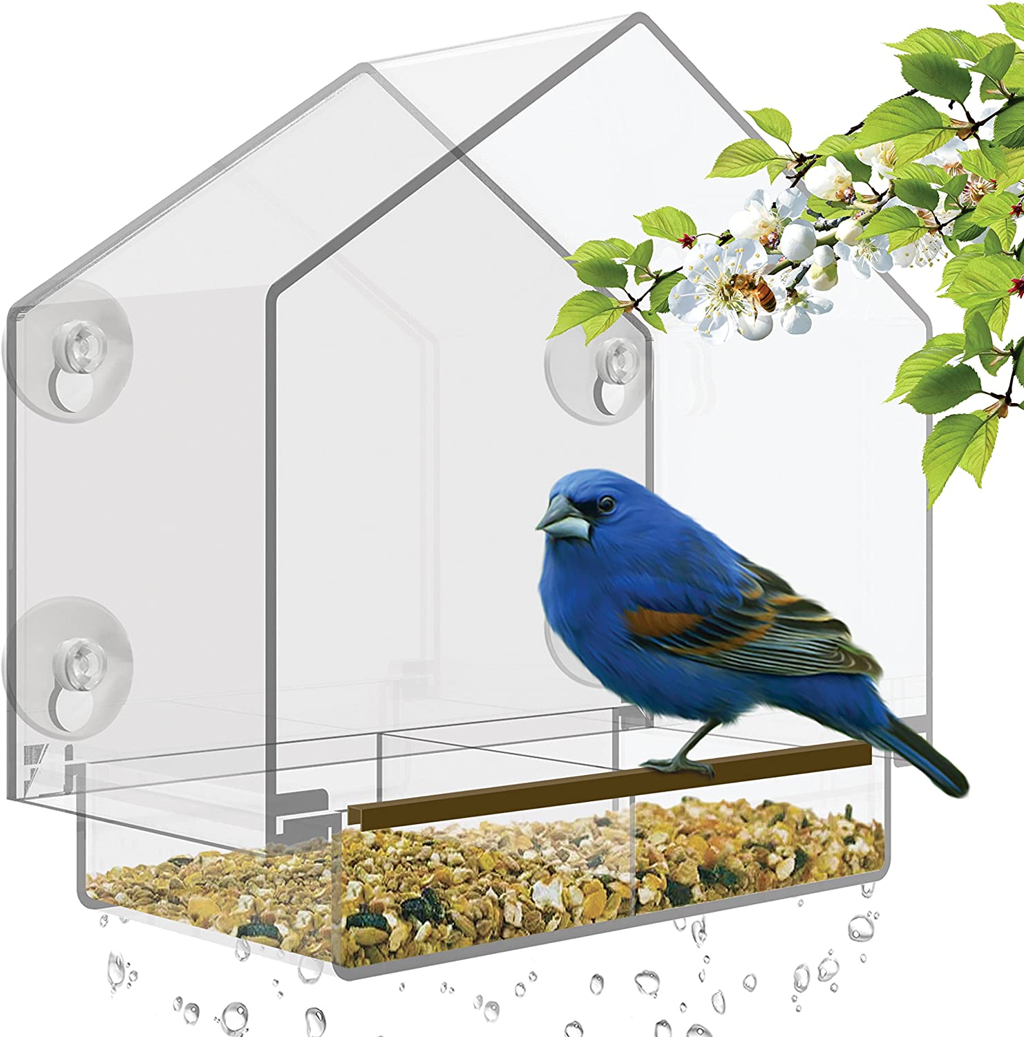 Window Bird Feeder Large Bird House for Outside Removable Sliding Tray with Drain Holes. Best for Wild Birds Clear Acrylic