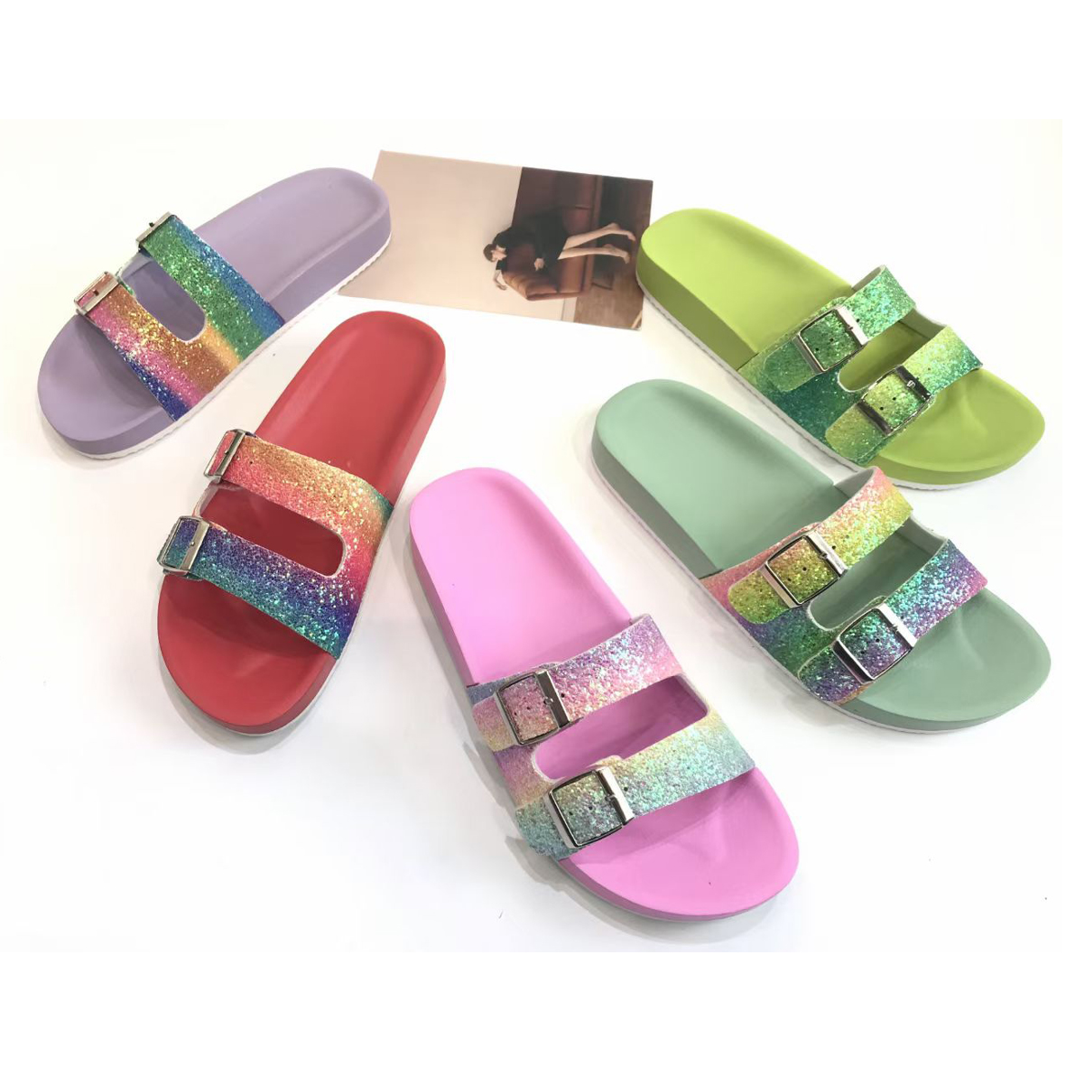 Children's&Ladies' Glitter PU Double Buckle Slide Sandals