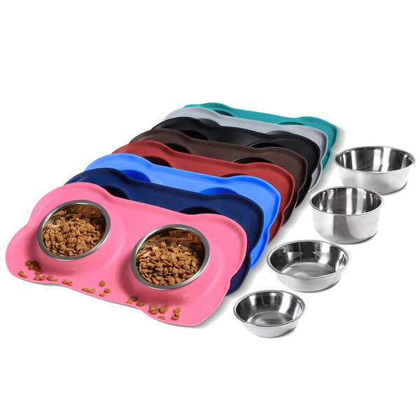  2 Stainless Steel Pet Dog Bowl with No Spill Non-Skid Silicone Mat
