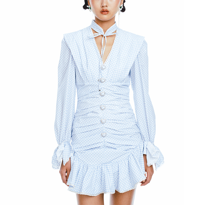 SS2322 Viscose Digital Printed Tied Neck Frill Long sleeve Mini Dress