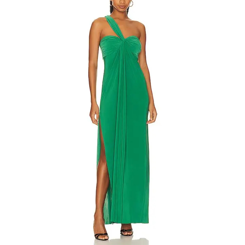 SS230716 Jersey Stretch with high side split One shoulder styling Ruched bust long kelly Green maxdress