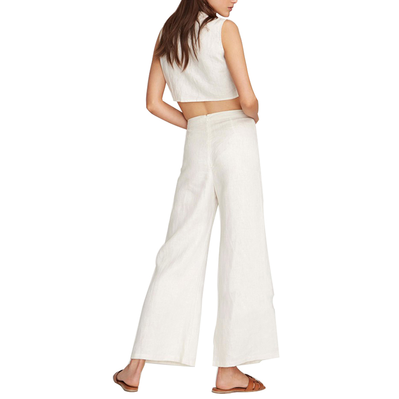 SS2375 Linen Cotton Tied Top Vest and Loose Straight Pants Mid waistband