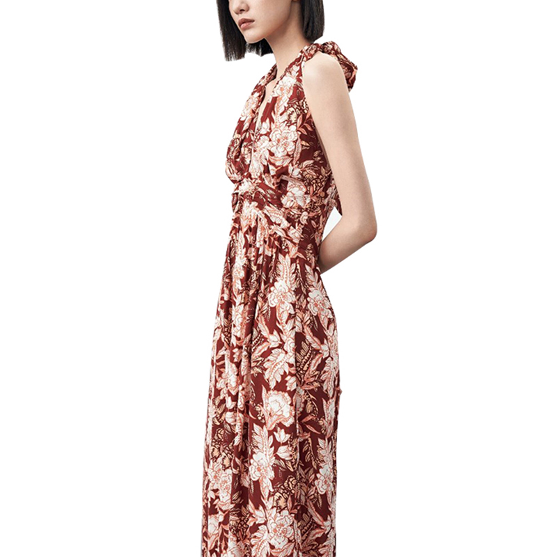 SS2388 Viscose/Rayon Ditial Printed V neck Backless Crinkled wasit Long Dress