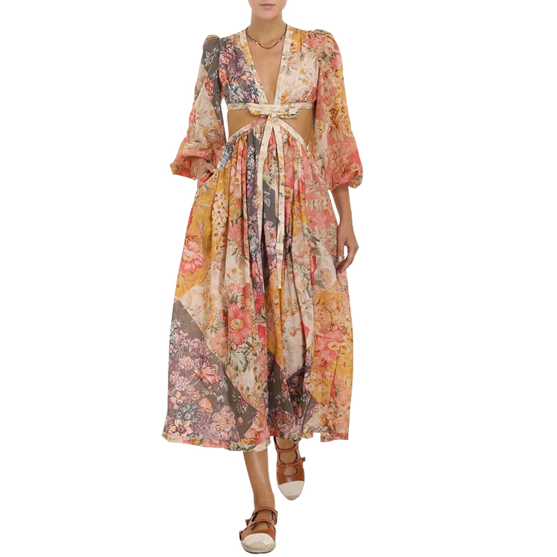 SS2366 Cotton Voile Digital Printed Mid Sleeve Cut Out V neck Tied Long Dress