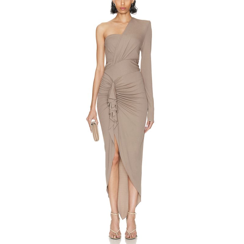 SS230702 Natural Lenzing Modal Single Shoulder Crinkled Frill Asymmetric Hem Long Dress