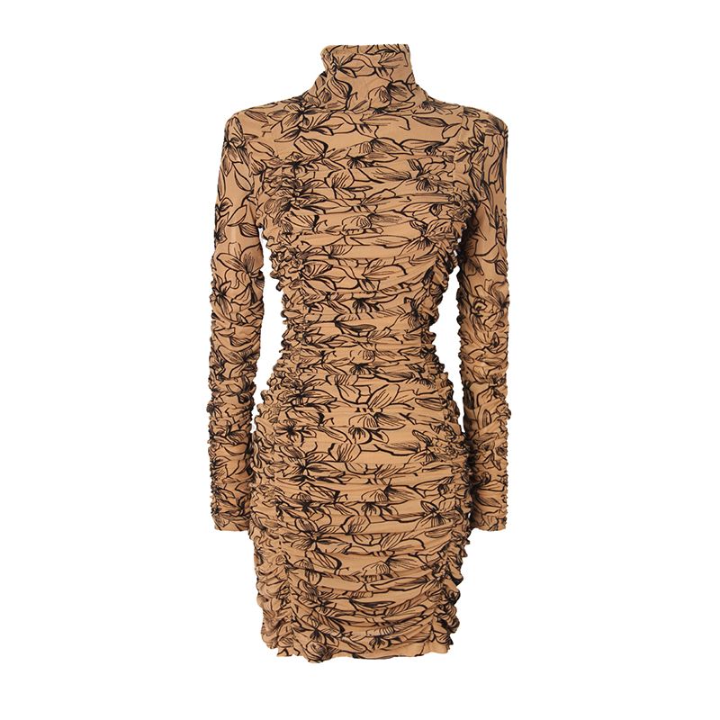Mesh stretch digital print crinkled high neck midi bodice dress
