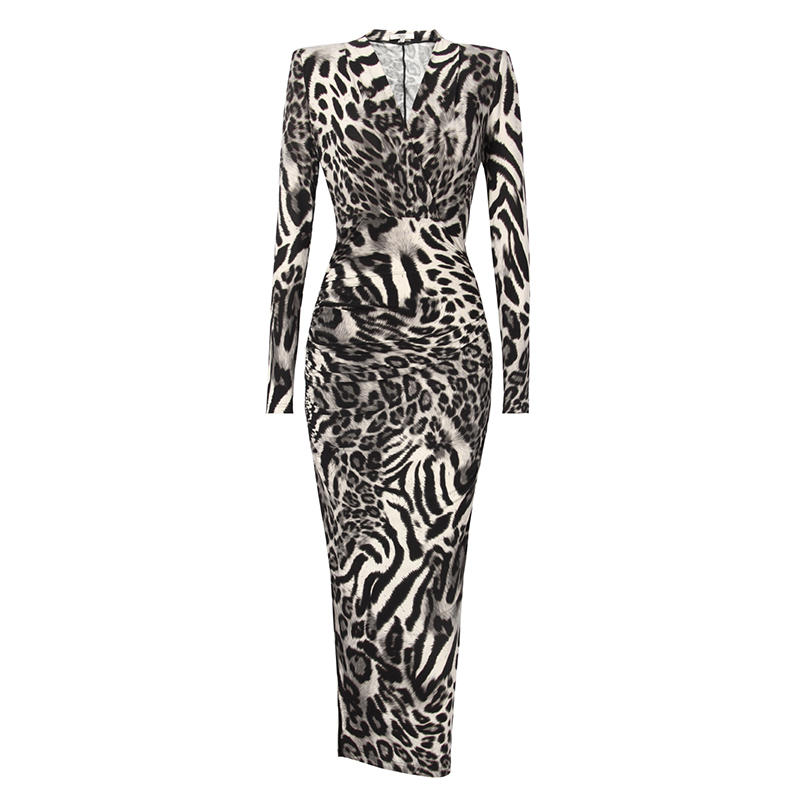 SS2316 Mesh Digital Printed Leopard Long Sleeve V Neck Bodic Long Slim Dress