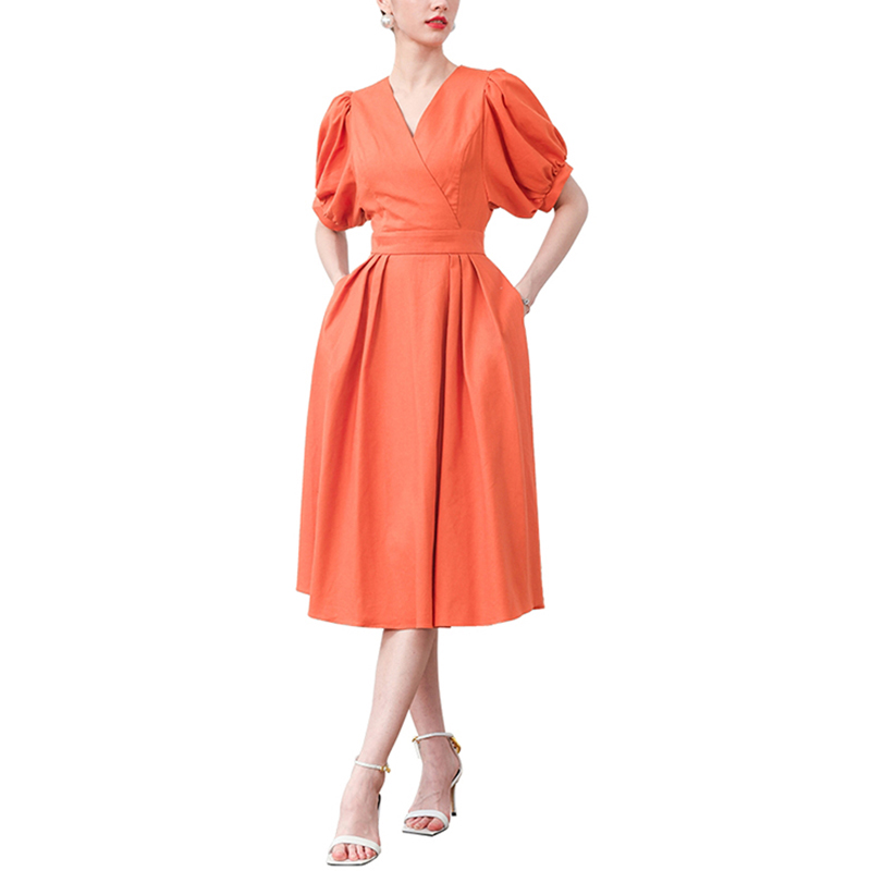 SS23100 Cotton/Linen Orange Wrap V neck Loose Short Sleeve Loose Mid Dress