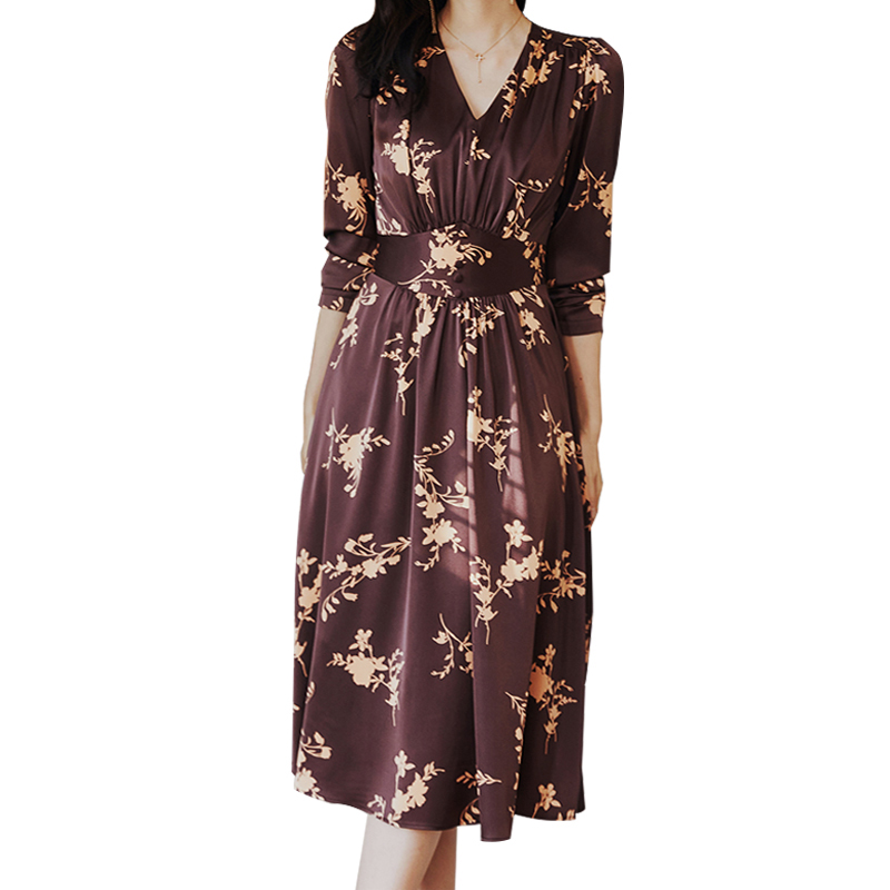 SS2350 Satin Silk Digital Printed Long Sleeve Mid Dress