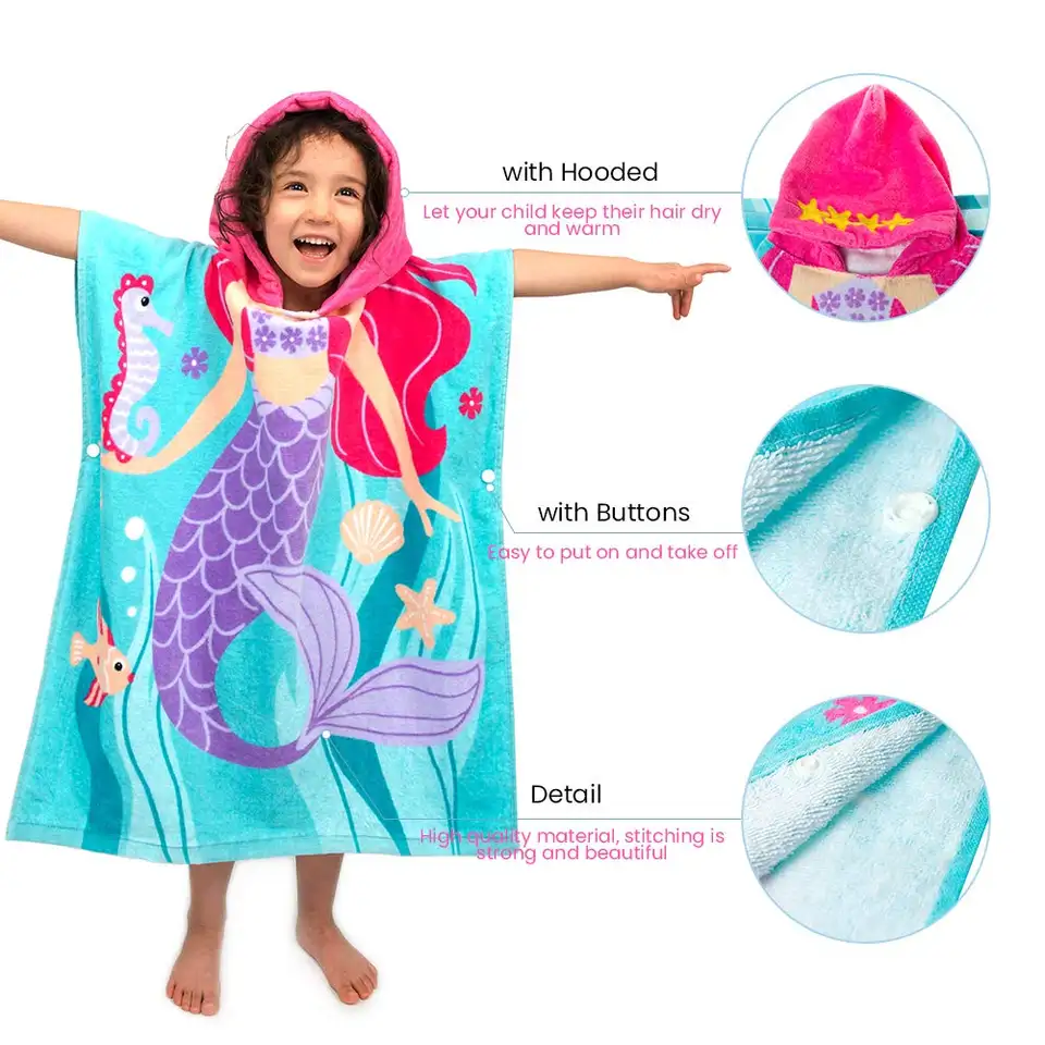 Hot Selling Cartoon Microfiber Kids Beach Poncho Children Hooded Beach Towel